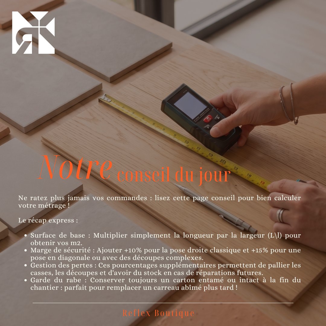 reflex_boutique's tweet photo. 📐 Ne commandez plus jamais votre carrelage au hasard !
Calculer la bonne quantité de carrelage est l'étape clé pour éviter les retards de chantier ou le gaspillage.
👉 Découvrez tous nos conseils sur notre guide complet : https://t.co/sQ9wQMgk0F
Ayez le bon Réflex ! 🧡🧡 https://t.co/jU2lS38ALu