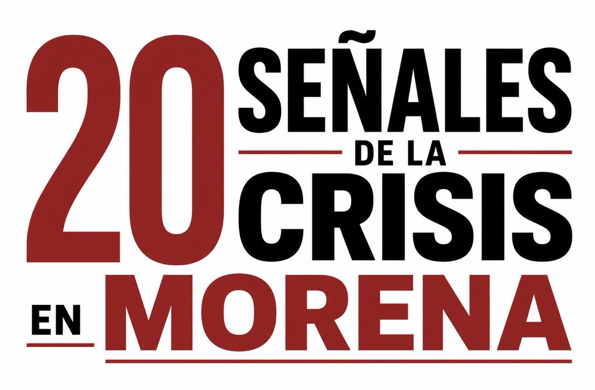 delatorremorin's tweet photo. Reflexión: 20 SEÑALES DE LA CRISIS EN MORENA. 

1-Cambio de Luisa María Alcalde y Andrés Manuel López Beltrán por Ariadna Montiel, representante de la línea dura institucional.
2-Regreso de Citlalli Hernández a Morena para cohesionar internamente a los distintos grupos.
3-El PVEM y el PT votan en contra de la reforma electoral de Sheinbaum.
4-Impulsan una ley para declarar como “injerencia extranjera” cualquier declaración u observación sobre las elecciones que provenga del exterior.
5-La aprobación de Sheinbaum está en su nivel más bajo desde que Morena llegó a Palacio Nacional en 2018.
6-Evaden y minimizan las investigaciones de Estados Unidos contra funcionarios y gobernadores para evitar un mayor desgaste.
7-Presionan a figuras del PAN para que no tejan alianzas electorales con el PRI.
8-Aumenta la presión para desacreditar a medios de comunicación y periodistas críticos.
9-Denuncian a Alejandro Moreno y al PRI por llamarlos “narcopartido” y “narcogobierno”.
10-Detienen a exgobernadores de oposición para cambiar la narrativa: el panista Ernesto Ruffo y el perredista Ángel Aguirre.
11-Buscan regular las redes sociales y los medios de comunicación. #LeyMordaza
12-Ocultan las cifras reales de homicidios bajo las estadísticas de personas desaparecidas.
13-El PT se aleja de la alianza electoral oficial y nombra a varios coordinadores estatales rumbo a la elección de 2027.
14-Aumenta la publicación de encuestas para generar una percepción de triunfo.
15-La narrativa de “no mentir, no robar y no traicionar” se hizo añicos.
16-La irritabilidad de Claudia Sheinbaum es evidente y pública.
17-Es deficiente el desempeño gubernamental de alcaldes y gobernadores.
18-Aumentan los casos de “información clasificada” para ocultar corrupción e ineficiencia.
19-Solapan, promueven y justifican las campañas anticipadas para ganar terreno frente a sus opositores.
20-Han extendido su control y presión sobre los órganos electorales.
