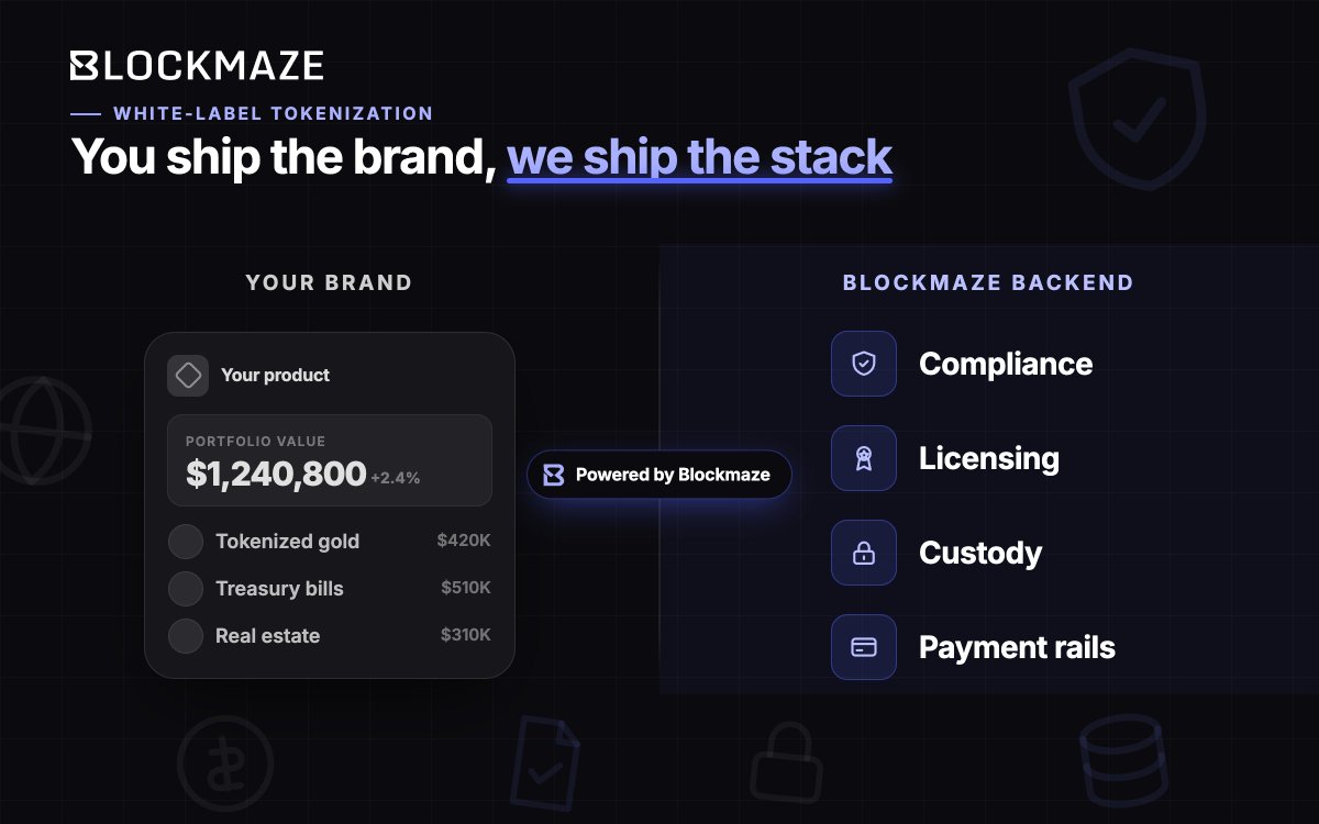BlockmazeRWA's tweet photo. Launch a tokenized asset product under your own brand!

Blockmaze handles the compliance stack, licensing, custody, and payment rails in the background. You stay focused on distribution.

Three integration models. Pick one and go. https://t.co/WBAcQLoycx