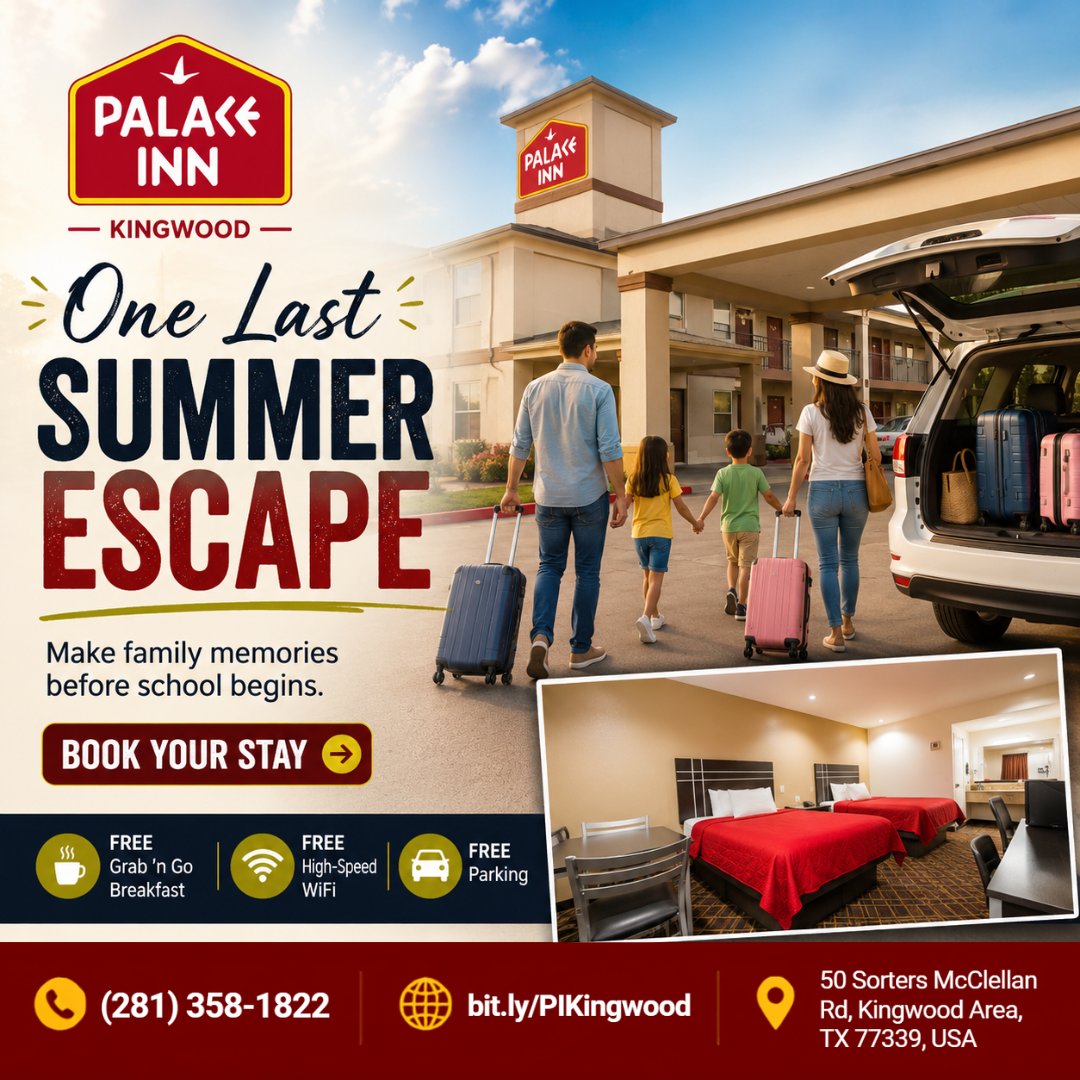 PalaceinnKTX's tweet photo. Summer isn't over yet! 

Plan one last family getaway to Kingwood. 
Enjoy spacious rooms, free Grab 'n Go breakfast, free WiFi &amp; free parking. 

Book today: https://t.co/k04BF4kkq9 

#PalaceInnKingwood #FamilyTravel

Where's your last summer adventure taking you? ☀️ https://t.co/tBlATd9OR8