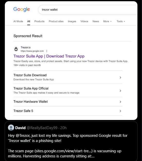 RichardHeartWin's tweet photo. Reminder that scams pay for ads to impersonate legit sites. https://t.co/T7YaEqOLh5