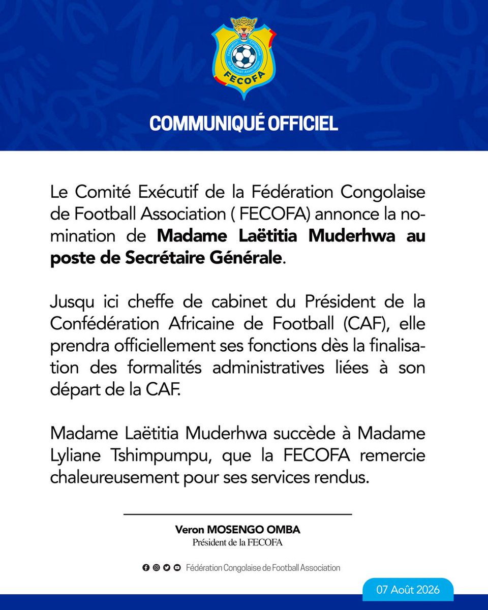FecofaRdc's tweet photo. 🚨OFFICIEL

Nomination de Madame Laetitia Muderhwa au poste de Secrétaire Générale.

Elle succède à Madame Lyliane Tshimpumpu que la FECOFA remercie chaleureusement pour ses services rendus.

#FecofaRdc #COMEX #Nomination #SecrétaireGénérale https://t.co/vBYHdzHkMi