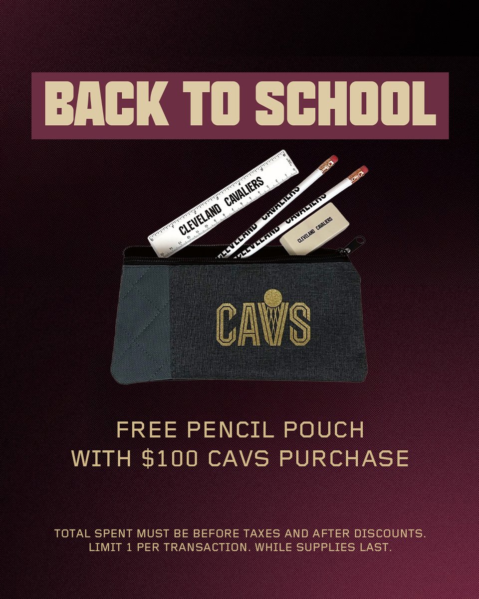 CavsTeamShop's tweet photo. It's almost time to go back to school! Bring some Cavs style with a Free Pencil Pouch with any $100 Cavs Purchase. Shop tax free during Ohio's Tax Free Weekend!

Shop these deals at Center Court at Rocket Arena, Pinecrest and https://t.co/wIkXPGaLob. https://t.co/gt1yzPUpGZ