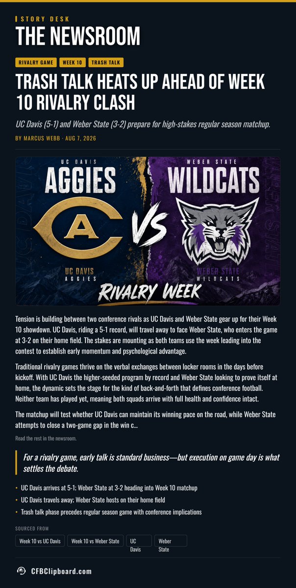FCSFootball27's tweet photo. 🔥 RIVALRY WEEK IS HERE 🔥

UC Davis 🆚 Weber State 😤🏈
Bragging rights are on the line. Time to settle it on the field. @cfbclipboard 

#CFBClipboard #FCSDynasty #RivalryWeek #UCDavis #WeberState #CollegeFootball #NCAA27 https://t.co/i80eWy8kN0
