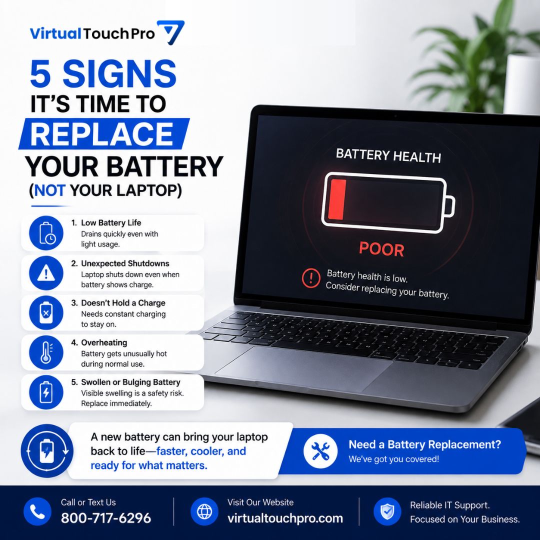 VirtualTouchPro's tweet photo. 🔋 5 Signs It's Time to Replace Your Battery (Not Your Laptop)

If your laptop:
⚠️ Drains quickly
⚠️ Shuts down unexpectedly
⚠️ Only works plugged in
⚠️ Gets hot while charging
⚠️ Shows battery health warnings

...it may just need a new battery!

📞 800-717-6296 https://t.co/98F4eAdC3c