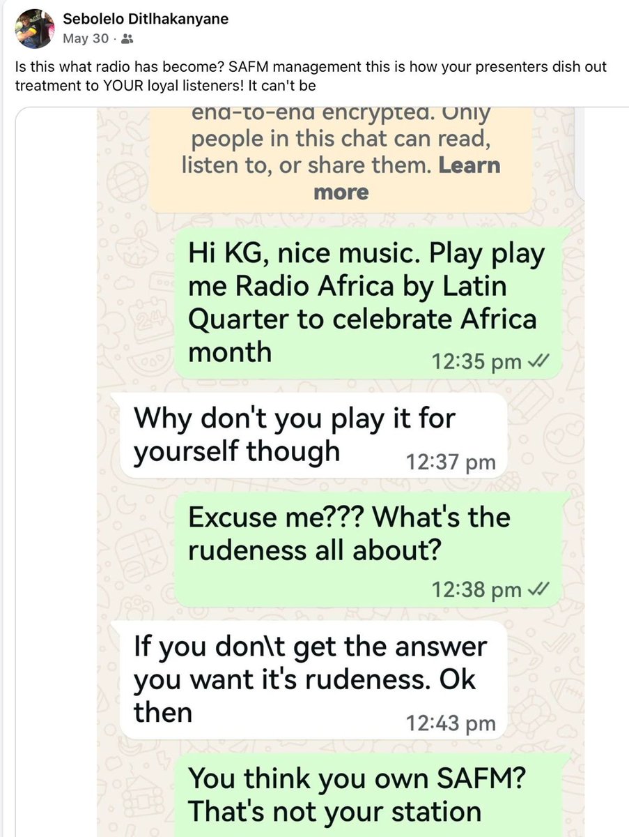 RediTlhabi's tweet photo. This is not a dismissable offense folks. This is the caller's post on Facebook. She posted this.  What the caller didn't add is that after this exchange, KG stopped responding and the lady left a voice-note that says "Hey wena ngwanyana....o se ka tlo ntlwaela masepa." Ferdinand is on a 1 year contract.  At 66, @SABC could not justify a longer contract.  It is really nice that after not having work for 5 years. It is good for @SABCNews and @SAfmRadio to fetch him from the wilderness, not disadvantage him because of age and give him a one year contract.