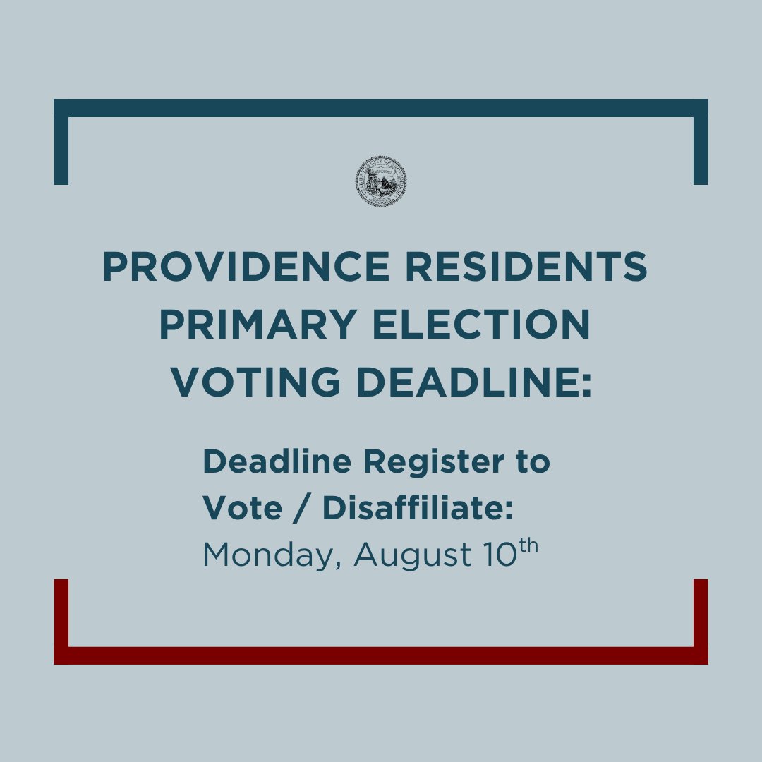 CityofProv's tweet photo. Deadline to register or change party for the September 9 primary is Monday, August 10. Providence residents can pick up and drop off voter registration forms at the Providence Public Safety Complex from August 8–10, 8:30 am–4:00 pm.
More info: https://t.co/ebERx3wVZT https://t.co/Zi7kpRJoJH