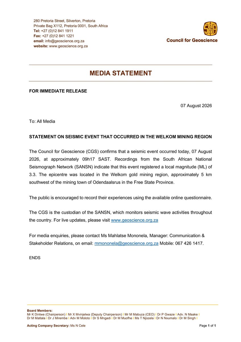 CGS_RSA's tweet photo. Statement on seismic event that occurred today in the Welkom mining region. 
#SeismicEvent https://t.co/FDBxJXV5Lx