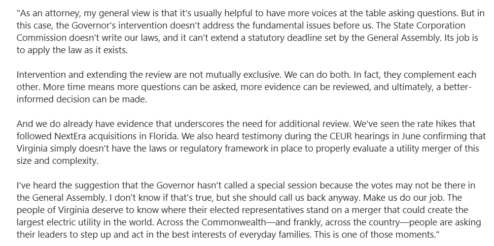 TylerEnglander's tweet photo. Democratic Senator @RussetPerry, who has called for a special session to give the SCC more time to review the proposed Dominion/NextEra merger, is responding to @GovernorVA after Spanberger announced she will intervene in the case.

Perry said, "Intervention and extending the review are not mutually exclusive."

Perry added, "I've heard the suggestion that the Governor hasn't called a special session because the votes may not be there in the General Assembly. I don't know if that's true, but she should call us back anyway. Make us do our job. The people of Virginia deserve to know where their elected representatives stand on a merger that could create the largest electric utility in the world. Across the Commonwealth—and frankly, across the country—people are asking their leaders to step up and act in the best interests of everyday families. This is one of those moments."

Full Statement: ⬇️⬇️⬇️