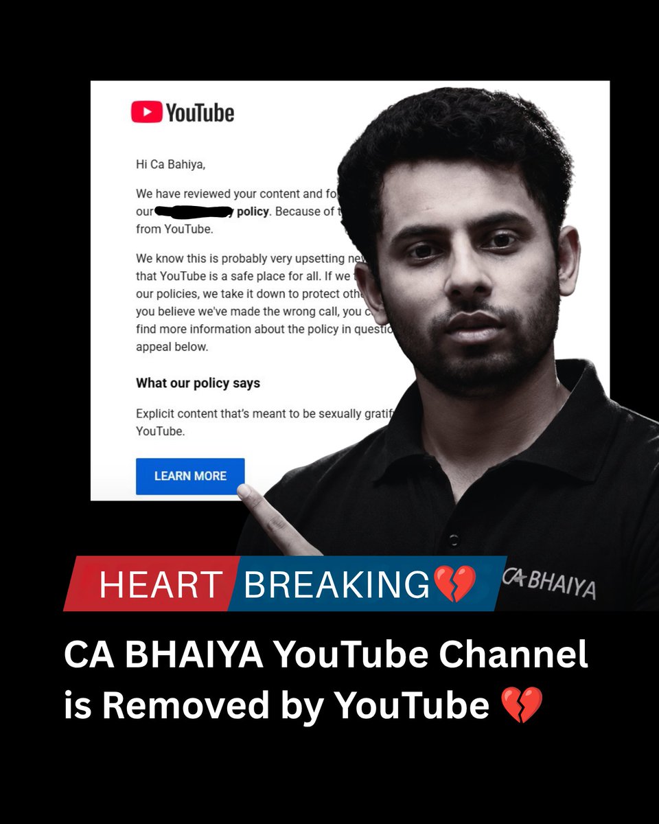 ShariqA71052706's tweet photo. Dear @TeamYouTube

Our educational YouTube channel @CABhaiyaofficial has been terminated due to alleged violations of YouTube's Sex &amp; Nudity Policy.

We have submitted appeals, contacted YouTube Support, shared evidence, and even visited the Google India Liaison Office.

#YouTube https://t.co/sgzOLdeX7A