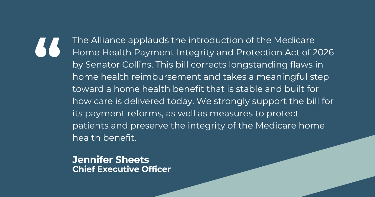TheAllianceHome's tweet photo. The Alliance applauds the introduction of the Medicare Home Health Payment Integrity and Protection Act of 2026 by @SenatorCollins.

This important piece of legislation will provide core payment integrity reforms by correcting @CMSgov's flaws in calculating Medicare rate updates, while also streamlining program integrity measures to target fraud concerns early, stopping bad actors from entering the Medicare program.

Learn more: https://t.co/lIquWv87hj