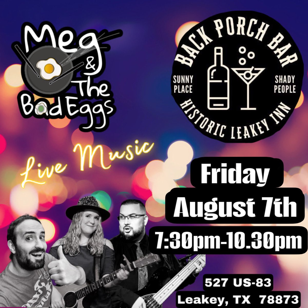 meggrovesmusic's tweet photo. Back at it with the band tonight in Leakey TX! Come check out this historic inn and enjoy some live music with a potential getaway for the weekend!
🎶8/7 The Back Porch Bar with Meg and The Bad Eggs Band 7:30pm-10:30pm🎶
#musician #livemusic #liveband #TGIF #liveentertainment https://t.co/l5flcCwm8L