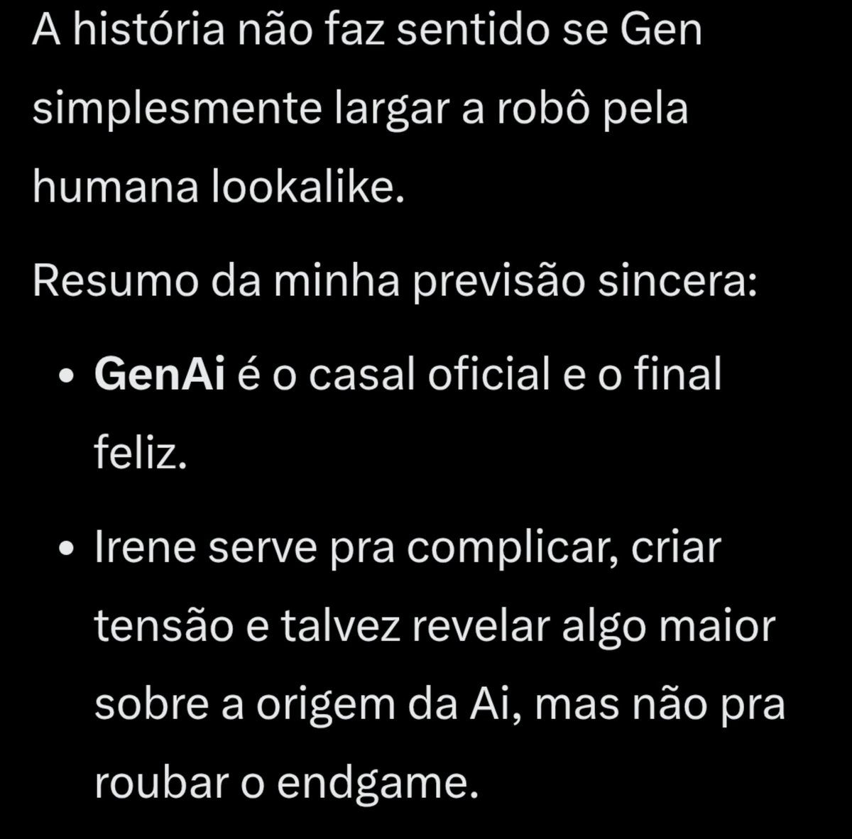 1lovetknur's tweet photo. Perguntei ao grok pq que ele acha sobre o final de AI Girlz se ele era endgame GenAi ou GenIrene
KKKKKKK EU TO PASSANDO MAL https://t.co/7eMw1Oq65b