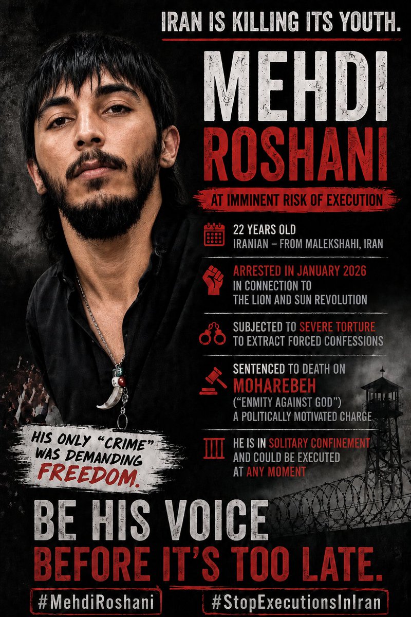 FreeInnocents's tweet photo. Mehdi Roshani, a young Iranian protester from the January uprising, was seized without a warrant, held incommunicado for months, and tortured until he confessed to a killing he did not commit. 
He now faces execution on a fabricated charge.
#SaveMehdiRoshani
#StopExecutionsInIran https://t.co/bIIuTXEJMt