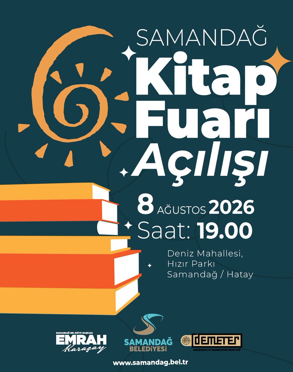 samandagfuar's tweet photo. 6.Samandağ Kitap Fuarı
Yarın 19.00’da açılıyor. https://t.co/6dvi7ZkDJX