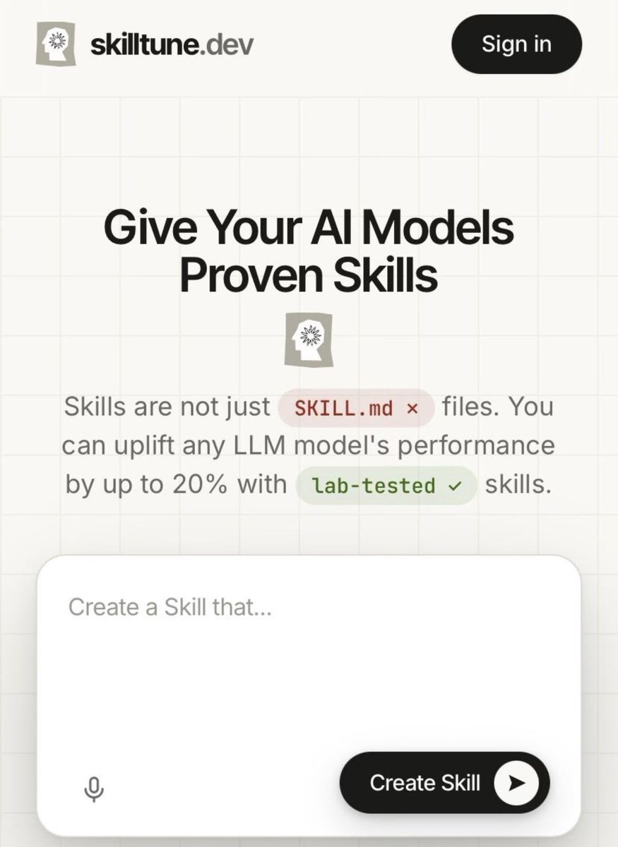 SkillTune landing page showing a prompt box for creating a skill and the claim that lab-tested skills can improve model performance