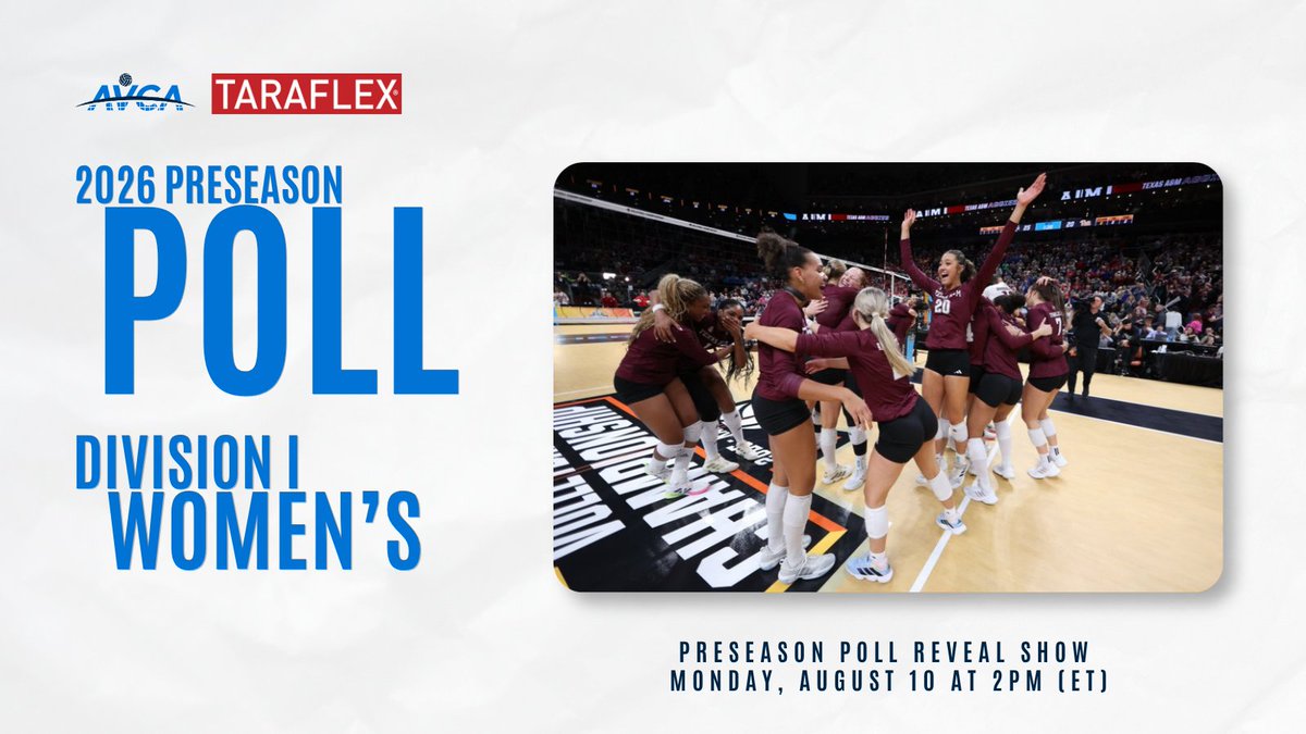 AVCAVolleyball's tweet photo. 📣It’s almost time!
The 2026 AVCA-Taraflex Div. I Women’s Volleyball Preseason Poll will be announced Monday, Aug. 10 at 2 pm (ET). 
Check out the poll reveal show; watch info will be on AVCA social media, as well as on NCAA Volleyball social.
Who do you like at No. 1?
#WeAreAVCA https://t.co/bsgId1DrCq
