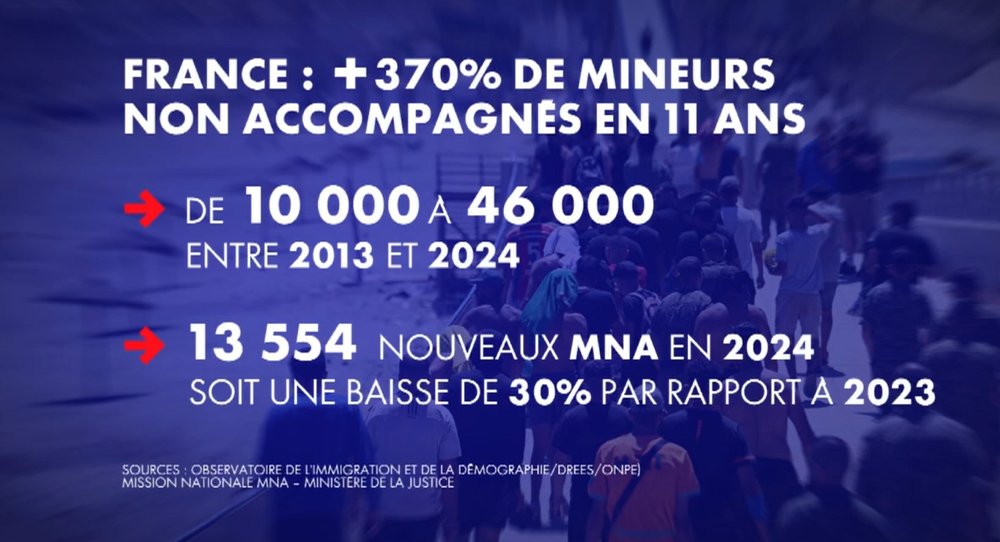 FredGaulois's tweet photo. En 2013, il y avait 10 000 "mineurs" non accompagnés.
En 2024, ce chiffre passe à 46 000.
Soit, une hausse de + 370 %.
Chaque "mineur" non accompagné coûte 50 000 € par an!
Faites le calcul et vous comprendrez la folie de la gauchosphère de ne prendre aucune mesure pour remettre des frontières et arrêter le flux migratoire qui nous ruine!