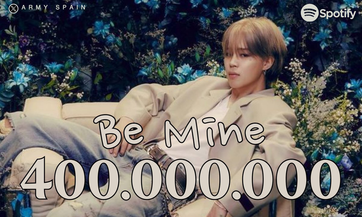 BTS_inSpain2's tweet photo. 🎧| #BeMine de #JIMIN ha alcanzado 400 MILLONES de reproducciones en Spotify (400.058.294)! 🎉🎉
Es su 5 canción en llegar a esta meta en su perfil de Spotify
¡Sigamos con el stream!💪🏻💪🏻
400M ✅️ 🔜 450M
Gap: 49.941.706
📅 25/2/27
🖇https://t.co/H7qPi3MClX
CONGRATULATIONS JIMIN
#BTS #BTSJimin @BTS_twt
- ⛵️