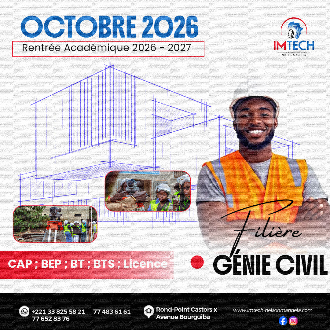 IMTECHdakar's tweet photo. 🏗️ Construisez les infrastructures de demain avec IMTECH Nelson Mandela !

Le secteur du Génie Civil est au cœur du développement des villes, des routes, des ponts et des bâtiments. Faites le choix d'une formation professionnalisante qui allie théorie, pratique et immersion sur le terrain.

🎓 Rentrée Académique 2026-2027 – Octobre 2026

📚 Filière Génie Civil
Diplômes accessibles :
✅ CAP
✅ BEP
✅ BT
✅ BTS
✅ Licence

À IMTECH Nelson Mandela, vous bénéficiez d'un enseignement dispensé par des professionnels expérimentés, de travaux pratiques et d'une formation adaptée aux besoins du marché de l'emploi.
🚀 Préparez votre avenir dès aujourd'hui et donnez vie à vos ambitions dans le domaine du Génie Civil.

📍 Rond-Point Castors x Avenue Bourguiba – Dakar
📞  +221 33 825 58 21 / +221 77 483 61 61 / +221 77 652 83 76
🌐 https://t.co/Y2EJtW3AMX

#IMTECH #Rentrée2026 #GénieCivil #CAP #BEP #BT #BTS #Licence #FormationProfessionnelle #BTP #Construction #Dakar #Sénégal