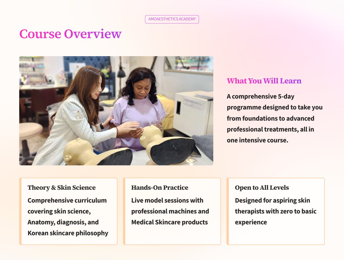 AMOAESTHETICS_'s tweet photo. Take your aesthetic career to the next level with our hands-on 5-Day Korean Skincare Treatment Course.
Perfect for those who don't have time to join the 10 days course.
Monday – Friday (No weekend classes)
6 hours of direct hands-on training daily https://t.co/Vgbjy1eYYf