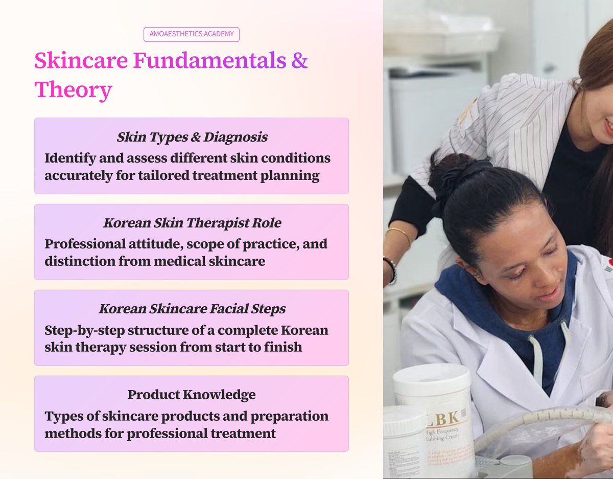 AMOAESTHETICS_'s tweet photo. Take your aesthetic career to the next level with our hands-on 5-Day Korean Skincare Treatment Course.
Perfect for those who don't have time to join the 10 days course.
Monday – Friday (No weekend classes)
6 hours of direct hands-on training daily https://t.co/Vgbjy1eYYf