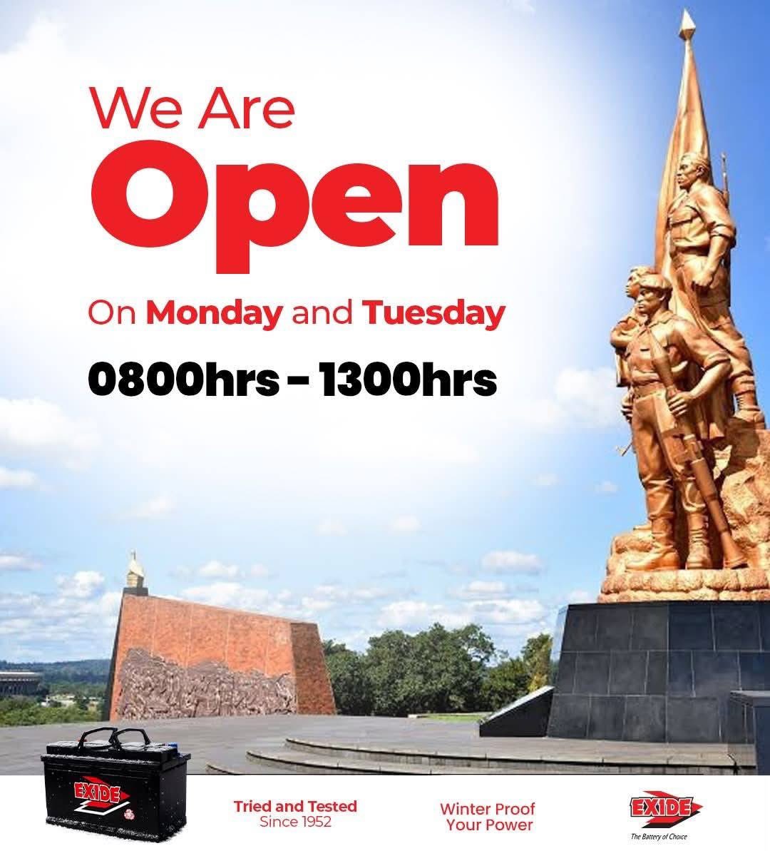 ExideZim's tweet photo. Wishing you a safe and restful long weekend. 
For your convenience, we will be open on Monday Tuesday from 0800hrs to 1300hrs. 
#ExideCares
#thebatteryofchoice
#triedandtestedsince1952
@takemorem1 @EsteemComms @KUDZIELISTER2 @Mavhure https://t.co/Y5fI3AgIld