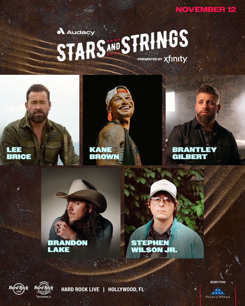 brantleygilbert's tweet photo. Tickets for @Audacy's #StarsAndStrings presented by @xfinity  are on sale NOW! Can’t wait to see you there on Thu, 11/12 at @HardRockHolly in South Florida! 🎤

🎫: https://t.co/27uElUxGdU https://t.co/kHGX4kgFBi