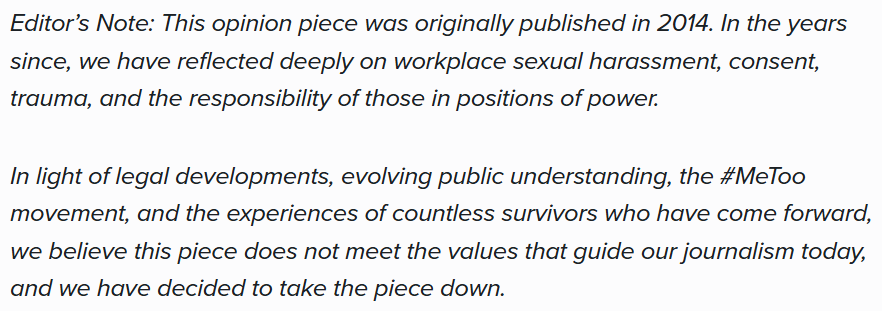 elmihiro's tweet photo. LMAO, they replaced the piece with this text. What they appear to be saying is, before public understanding evolved, it was perfectly okay to mock SA victims, and such mockery *did* meet the values that guided their journalism 👏👏👏 https://t.co/lHDuNUGjzY