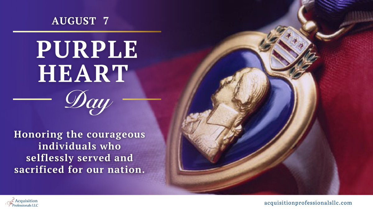 ACQPROS's tweet photo. On Purple Heart Day, we honor the courageous service members who were wounded or made the ultimate sacrifice in defense of our nation. Thank you to every Purple Heart recipient for your bravery and selfless service. 🇺🇸💜#PurpleHeartDay #Veterans https://t.co/9GF79bNgQy