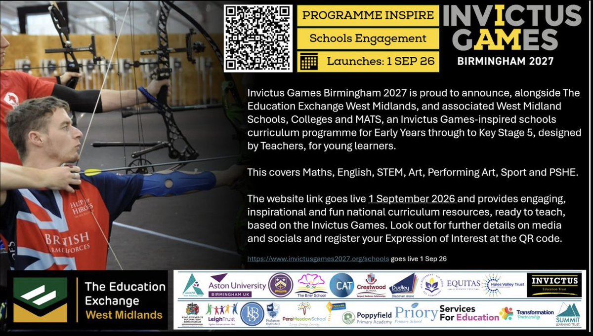ChrisBaronSmit1's tweet photo. Invictus Games Birmingham 2027 @Birmingham2027 announces the forthcoming launch of the #InvictusGames inspired Schools Curriculum Program, developed in partnership with The Education Exchange - West Midlands.
The website goes live September 1st, 2026! https://t.co/QqLUQPRxMG