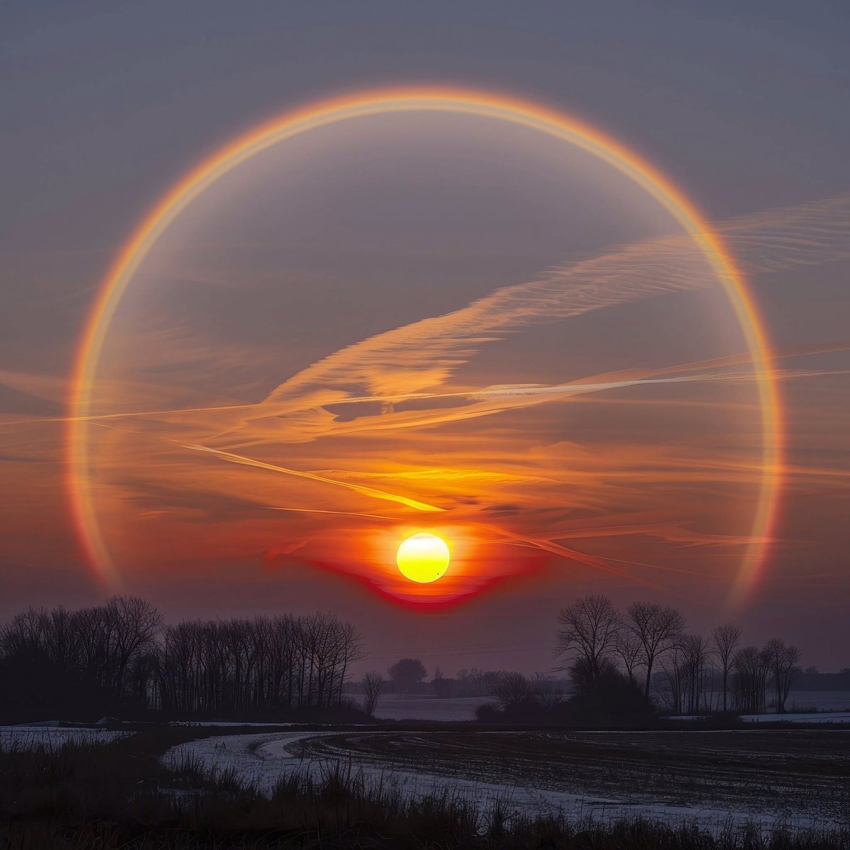 astrooalert's tweet photo. Extremely Rare Solar Halo captured during Sunrise. https://t.co/NxKSvQYtWg