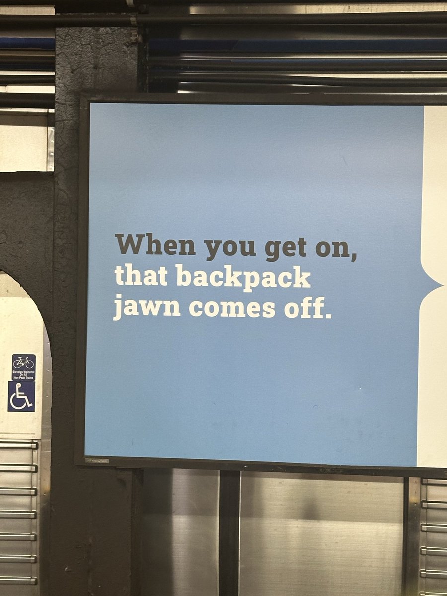 SimplyJellybean's tweet photo. Whoever made this sentence needs to be fired because wtf is a ‘backpack jawn’?
It’s just a backpack @SEPTA_SOCIAL https://t.co/N6XG6OOa35