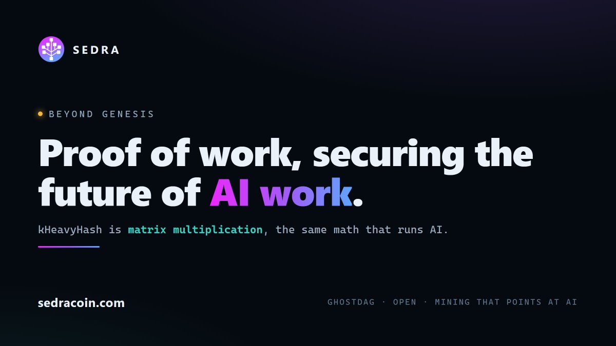 Sedra_official's tweet photo. SDR Proof of work, securing the future of AI work.

kHeavyHash is matrix multiplication, the same math that runs AI. Sedra points mining at the future, not against it.

Beyond Genesis. 🌳
https://t.co/aKeZemyQH4
#Sedracoin #AI #inference #kheavyhash https://t.co/YP8ESiCxNG