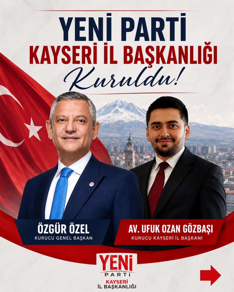 yenipartikysil's tweet photo. YENİ Parti Kayseri İl Başkanlığı Kuruldu!

Genel Merkezimizden gelen görevlendirme ile YENİ Parti Kayseri İl Başkanlığımızın kuruluş süreci tamamlanmış, il örgütümüz resmen oluşturulmuştur.

Kurucu İl Başkanımız Av. Ufuk Ozan Gözbaşı öncülüğünde oluşturulan yönetim kurulu üyelerimizi kamuoyuyla paylaşmaktan büyük bir mutluluk duyuyoruz.

Bu onurlu görevlendirme dolayısıyla Kurucu Genel Başkanımız Sayın Özgür Özel’e ve Örgütlerden Sorumlu Genel Başkan Yardımcımız Sayın Ensar Aytekin’e teşekkür eder, bu görevin partimize, Kayseri’mize ve ülkemize hayırlı olmasını temenni ederiz.

YENİ Parti’yi kuran, milletimizdir.

• İşçinin YENİ Partisi
• Emeklinin YENİ Partisi
• Memurun YENİ Partisi
• Esnafın YENİ Partisi
• Çiftçinin YENİ Partisi
• Kadınların YENİ Partisi
• Gençlerin YENİ Partisi
• Türkiye’nin YENİ Partisi

Yeni Kayseri, güçlü örgüt, güçlü Türkiye hedefiyle; adalet, emek ve dayanışma anlayışıyla hep birlikte çalışacağız.

Kayseri’mize ve ülkemize hayırlı, uğurlu olsun.

#YENİParti #Kayseri #KayseriİlBaşkanlığı #TürkiyeninYENİPartisi #YeniKayseri