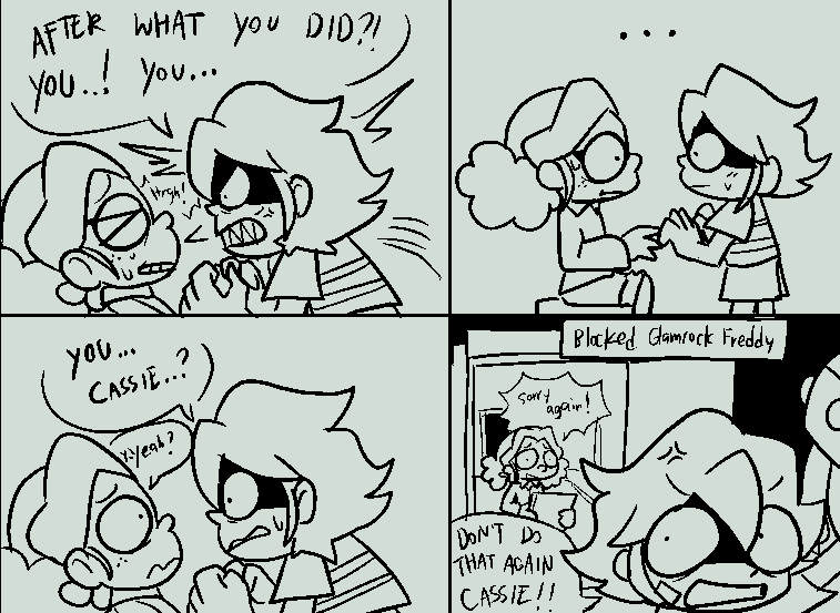 Macheesecheese's tweet photo. frickbear friday so good I made a lil comic of it
Cassie and Gregory
#fivenightsatfrickbears3 https://t.co/s2eJRQBTaJ