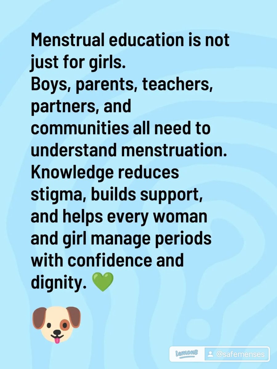 SafeMenses's tweet photo. Menstrual education is not just for girls.
Boys, parents, teachers, partners, and communities all need to understand menstruation. Knowledge reduces stigma, builds support, and helps every woman and girl manage periods with confidence and dignity. 💚 #fypシ゚viral🖤tiktok #viral https://t.co/kGP1dhRGbD