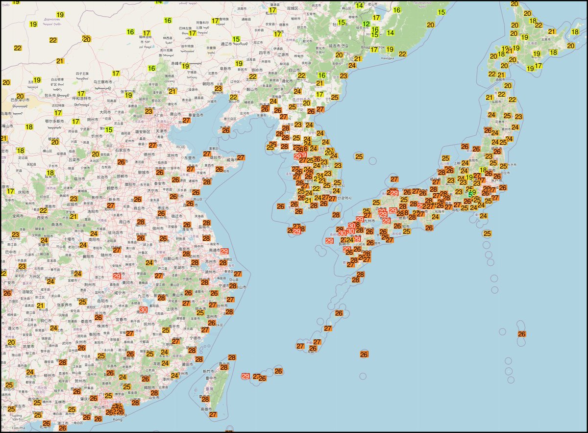 TempoSLeopoldo's tweet photo. Persiste a onda de calor muito fora do normal em grande parte do Japão, Coreia do Sul e leste da China.
Mapa da Ogimet mostra as mínimas registradas nesta sexta. Várias estações com temperaturas mínimas acima dos 28°C! Para terem ideia, algo assim só aconteceu uma vez em Porto Alegre: em 2014.