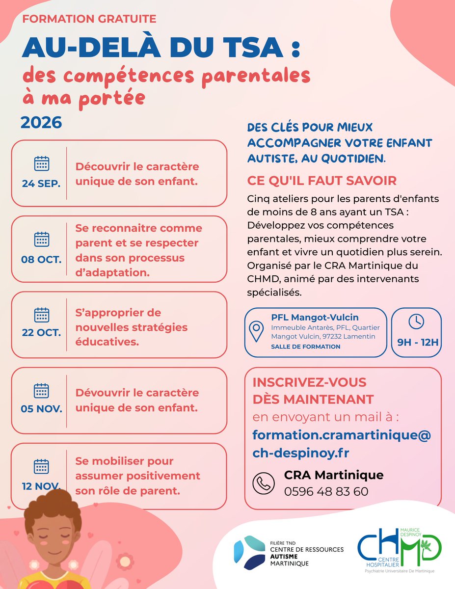CHMD972's tweet photo. Mieux comprendre son enfant autiste, trouver sa place de parent : le CRA Martinique lance 5 ateliers gratuits dès le 24 sept. Inscriptions ouvertes 📩 formation.cramartinique@ch-despinoy.fr #TSA https://t.co/JgJG6XVXzY