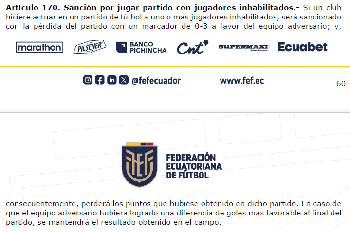 xaviersegovia32's tweet photo. 🚨🟡⚫️ Esta es la sanción que debería aplicarse a Barcelona SC ante el reclamo formal de Liga de Portoviejo (LDUP) por la alineación indebida en los octavos de final de Copa Ecuador.

Artículo 170 del Código Disciplinario de la FEF 2026:

"Si un club hiciere actuar en un partido de fútbol a uno o más jugadores inhabilitados, será sancionado con la pérdida del partido con un marcador de 0-3 a favor del equipo adversario; y, consecuentemente, perderá los puntos que hubiese obtenido en dicho partido. En caso de que el equipo adversario hubiera logrado una diferencia de goles más favorable al final del partido, se mantendrá el resultado obtenido en el campo".