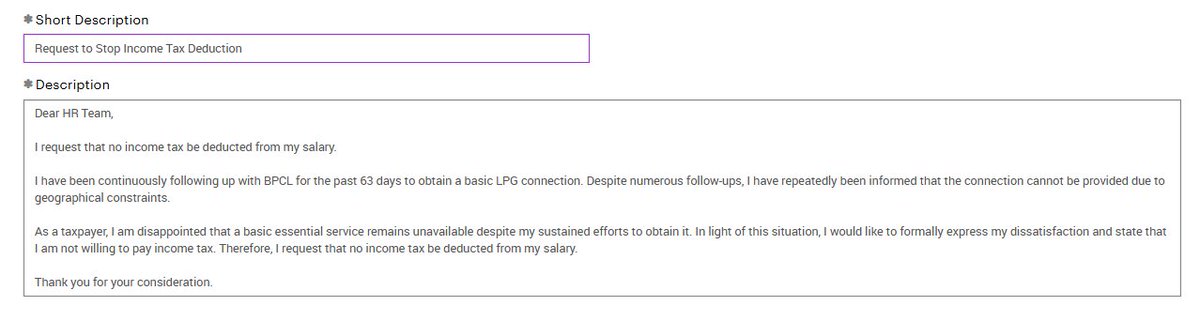 venkat_fin9's tweet photo. Today, I sent an email to my company's HR requesting them not to deduct Income Tax from my salary.

For the past 63 days, I've been chasing a basic LPG connection from BPCL, only to be told it cannot be provided due to "geographical constraints."

If a Government cannot provide even a basic essential service to a taxpayer, on what basis does it demand Income Tax? Taxation without basic public service is a failure of governance.

@PetroleumMin @BPCLLPG @HardeepSPuri @nsitharaman @FinMinIndia @PetroleumMin @narendramodi
