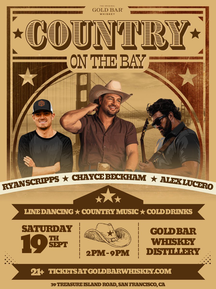 goldbarwhiskey's tweet photo. @ChayceBeckham is coming to San Francisco! 🤠

Country on the Bay is back on Saturday, September 19 at Gold Bar Distillery on Treasure Island, featuring Chayce Beckham, winner of Season 19 of American Idol and the artist behind the hit song "23."

Joining him are The Alex Lucero Band, Ryan Scripps & Band, plus country line dancing & lessons, cold beer, craft cocktails, food trucks, and one of the most spectacular sunsets and waterfront views in the Bay Area.

Tickets are ON SALE NOW!

This is a 21+ event. Don't miss one of the Bay Area's best country music celebrations of the year. This event will sell out.

Secure your tickets now by visiting: https://t.co/HqYMKG6Z91

#ChayceBeckham #CountryMusic #SanFrancisco #BayArea #CountryConcert #BayAreaEvents
#LiveMusicSF #SanFranciscoEvents