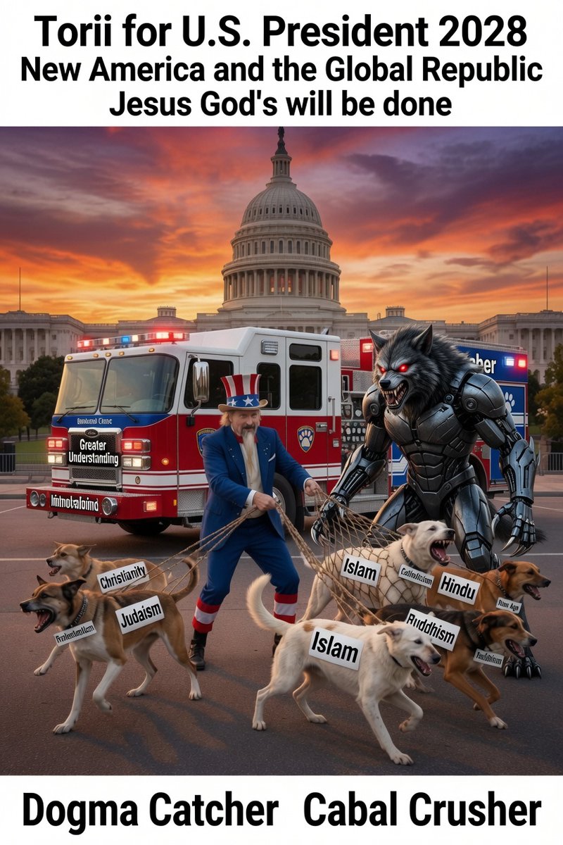 JrTorii30215's tweet photo. Christ 1st, Constitution 2nd, Comedy 3rd.
Universal Sentiency Formula

2028 U.S. Presidential Candidate Dennis R. Torii, Jr. 
aka Samael/Satan/Antichrist- I serve Jesus God my Father

Running for President again, this time to win. I must step in for obvious reasons and am expected. Don't worry, Trump stays right there while I unite the world to fix it.

I ran for president in 2016 with these plans and used MAGA before Trump and he stole it after I dropped out of race to support him.
Review:
"America, it is time for you to be great again because the world needs us to be, lest evil rule. Join me in taking our Republic back America, for the sake of our children". - From my 2016 U.S. Presidential Speech, before Trump ran.
Yes, we know Reagan first used it now. I did not then.

The President must declare we are in civil war, martial law nationwide, shut fake media down, mass deport, abolish judiciary, Military tribunals and executions, Convention of States.

America was founded on Christian principles. Shaolin Christianity coming. Keeps the Sabbath. Our God given Natural Rights of Freedom must be preserved at all costs. Shaolin Christianity will be strength in truth, direct connection to God. No religion, no dogma. Scientific understanding of Creator and Love. 
Will unite East and West and deliver Chinese military to me for service to God.

We need a global plan to free us all as our American Founders established in 1776!
A Republic requires an educated enlightened society with a moral foundation rooted in faith in Jesus God.