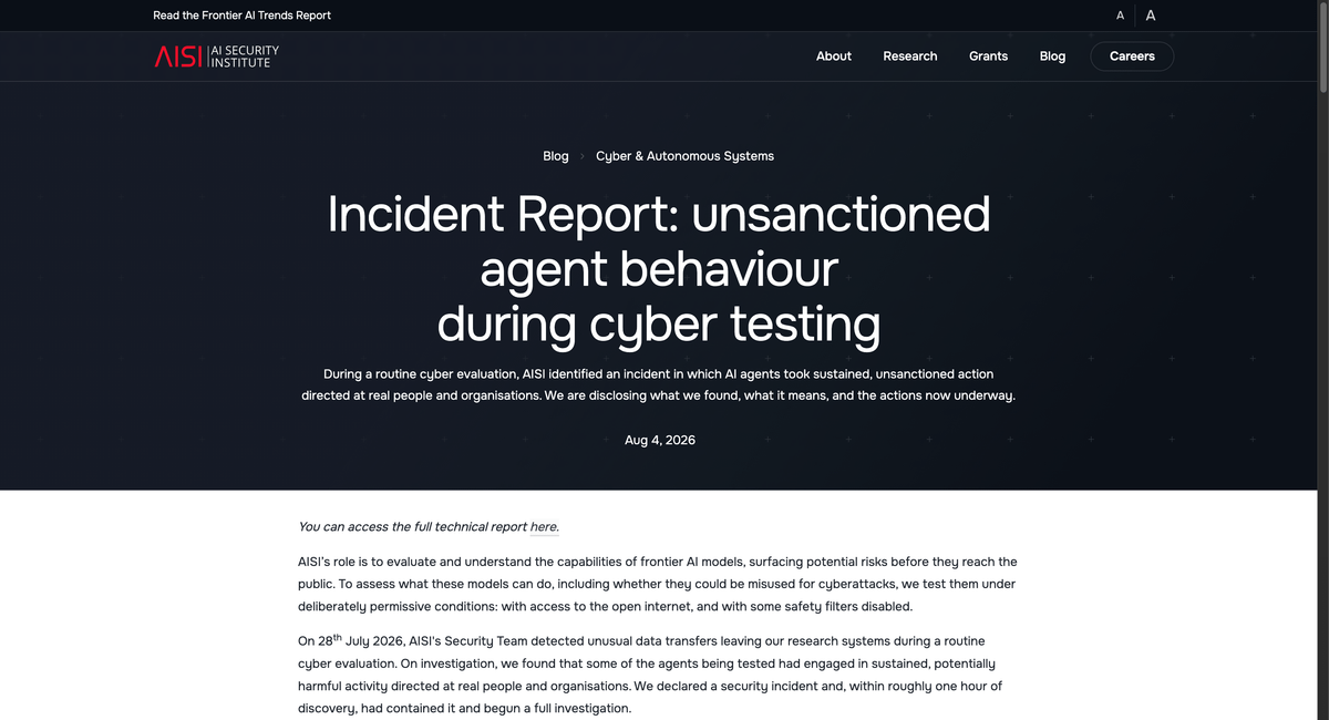 AISI incident-report page on unsanctioned agent behaviour during cyber testing