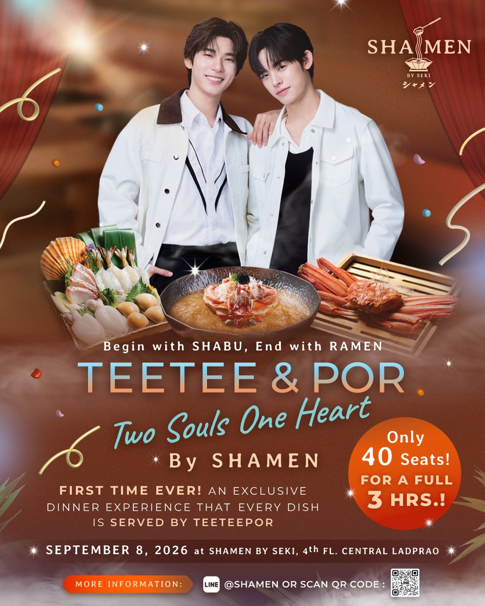 shamen_by_SEKI's tweet photo. #TEETEEPOR is now at SHAMEN! 🐶🐻‍❄️
Vava! get your hearts ready! Because this time, you’ll get closer to TeeTee & Por than ever before 💙

✨ SHAMEN by SEKI invites all of you to enter for a chance to be 1 of 40 Lucky Fans in an super-exclusive event:
TEETEE & POR – Two Souls One Heart by SHAMEN
A special evening where you’ll spend 3 full hours up close with TeeTee and Por packed with exclusive moments crafted especially for Vava 💫

2 Ways to Collect Your Chance

1️⃣ Purchase SHAMEN Cash Vouchers

3,000 THB Voucher = 2 Chances

5,000 THB Voucher = 5 Chances

Or purchase TEETEE & POR Master Set Voucher for 1,500 THB

1 Set = 1 Chance

Automatic chance collection: Click 👉 https://t.co/KNENTpd1si

2️⃣ Walk-in & Order TEETEE & POR Master Set at the restaurant (1,500 THB)

1 Set = 1 Chance

📝 Upload your receipt to register chances via LINE Official: https://t.co/kEx86LhucI or @shamen

🗓️ Entry Period: August 7–31, 2026
🎉 Winner Announcement: September 4, 2026
📍 Event Date: September 8, 2026
🕔 Time: 5:00 PM – 8:00 PM
📌 Venue: SHAMEN by SEKI, 4th Floor, Central Ladprao

✨ Only 40 Seats! Because some memories... you have to be close to truly know how special they are.
Start collecting your chances now and let's create unforgettable moments with TeeTee & Por together! 🫶

#SHAMENxTeeTeePor
#SHAMENbySEKI
#TWOSOULSONEHEART