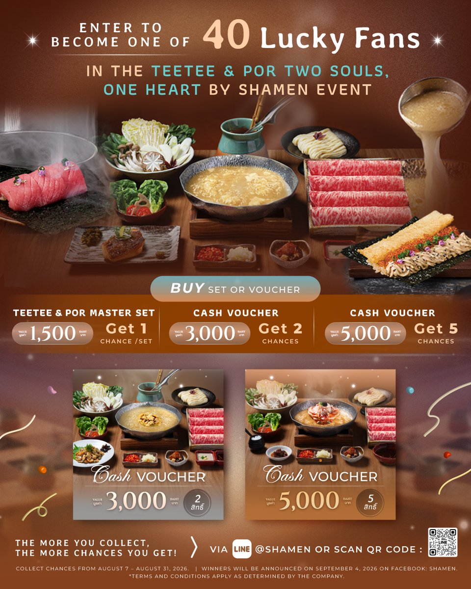 shamen_by_SEKI's tweet photo. #TEETEEPOR is now at SHAMEN! 🐶🐻‍❄️
Vava! get your hearts ready! Because this time, you’ll get closer to TeeTee & Por than ever before 💙

✨ SHAMEN by SEKI invites all of you to enter for a chance to be 1 of 40 Lucky Fans in an super-exclusive event:
TEETEE & POR – Two Souls One Heart by SHAMEN
A special evening where you’ll spend 3 full hours up close with TeeTee and Por packed with exclusive moments crafted especially for Vava 💫

2 Ways to Collect Your Chance

1️⃣ Purchase SHAMEN Cash Vouchers

3,000 THB Voucher = 2 Chances

5,000 THB Voucher = 5 Chances

Or purchase TEETEE & POR Master Set Voucher for 1,500 THB

1 Set = 1 Chance

Automatic chance collection: Click 👉 https://t.co/KNENTpd1si

2️⃣ Walk-in & Order TEETEE & POR Master Set at the restaurant (1,500 THB)

1 Set = 1 Chance

📝 Upload your receipt to register chances via LINE Official: https://t.co/kEx86LhucI or @shamen

🗓️ Entry Period: August 7–31, 2026
🎉 Winner Announcement: September 4, 2026
📍 Event Date: September 8, 2026
🕔 Time: 5:00 PM – 8:00 PM
📌 Venue: SHAMEN by SEKI, 4th Floor, Central Ladprao

✨ Only 40 Seats! Because some memories... you have to be close to truly know how special they are.
Start collecting your chances now and let's create unforgettable moments with TeeTee & Por together! 🫶

#SHAMENxTeeTeePor
#SHAMENbySEKI
#TWOSOULSONEHEART