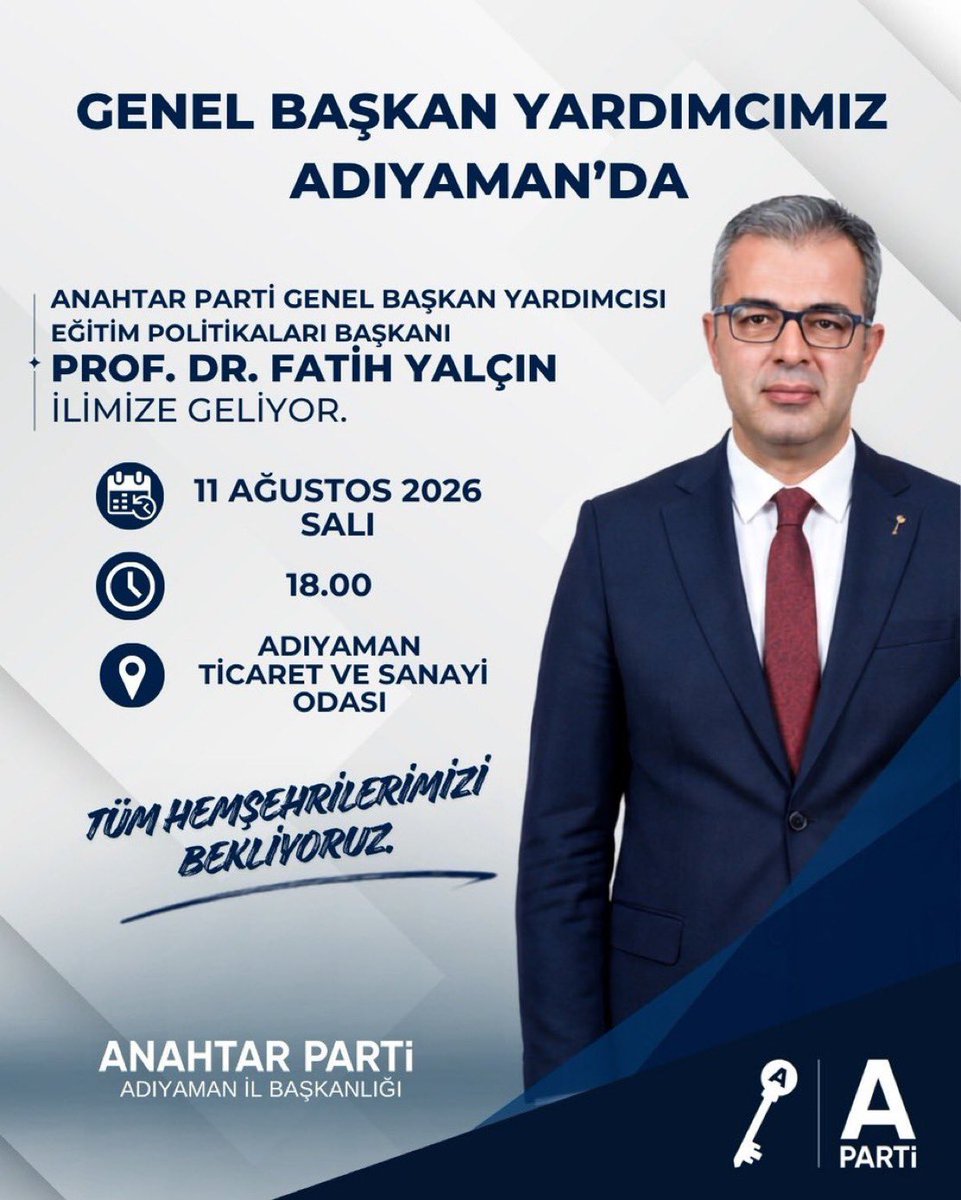 LSohretsizler's tweet photo. Adıyaman’ın yarınlarını birlikte konuşmaya davetlisiniz.

Anahtar Parti Genel Başkan Yardımcımız Prof. Dr. Fatih Yalçın, 11 Ağustos Salı günü Adıyamanlı hemşehrilerimizle bir araya geliyor.

Adıyaman’ın sorunlarını, çözüm önerilerini ve geleceğe dair hedeflerimizi birlikte değerlendireceğimiz bu önemli buluşmada sizleri de aramızda görmekten memnuniyet duyarız.

📅 11 Ağustos Salı
🕕 18.00
📍 Adıyaman Ticaret ve Sanayi Odası Konferans Salonu (Üst Kat)