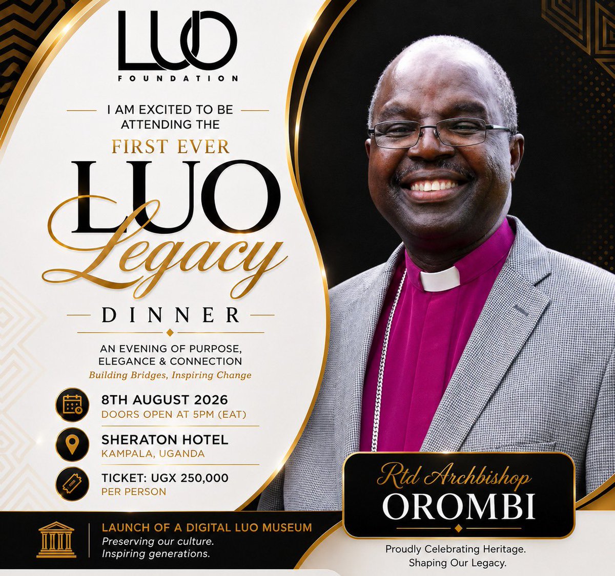 Ashby_patrick's tweet photo. Join brothers from the Luo community from Uganda, Kenya, South Sudan, DRC and Tanzania for the Legacy Dinner tomorrow August 8, 2026 at Sheraton Hotel Kampala. @LuoConvention , @Luolegacydinner, @GroupLuo ,@luocommunityuae @jokanyanam https://t.co/cX4b4IGuCJ