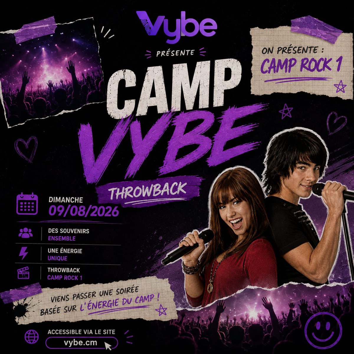 SergeEmma237's tweet photo. Viens découvrir une nouvelle façon de VYSIONNER !
Pas besoin de sortir, sois juste connecté 😭💜 !
Ce dimanche, rejoins le CAMP VYBE avec tes proches pour un THROWBACK de 🎸 CAMP ROCK 1 et kiffez dans la même vybe.

📅 09/08 · 20h30
👉 https://t.co/ZppmLkiKQK
#CampVybeThrowback https://t.co/uIpkrgl9V0