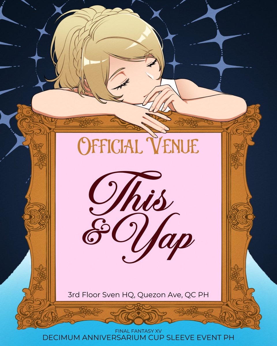 FFXV_CSEPH's tweet photo. Introducing our official venue partner @/thisandyapstudio for the cup sleeve event! Come check out their page to see their upcoming events, fandom merch, clothing, and more. Simply have a cup of coffee or come with your friends to yap and have a good time

#DecimumAnniversariumPH https://t.co/PI8o1QHlCE